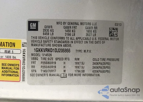 2013 GMC Acadia Slt-1 from USA, damaged, VIN 1GKKVRKD1DJ206866